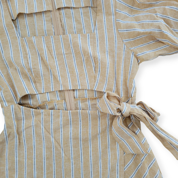 ZARA Linen Blend Striped Yellow/White Mini Cut Out Tie Waist Dress Women Sz L - Picture 7 of 15